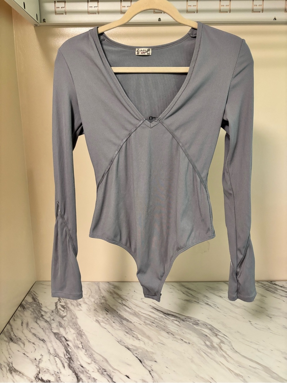Intimately Free People Meg Ribbed Seamless V-Neck Bodysuit Grey - Medium